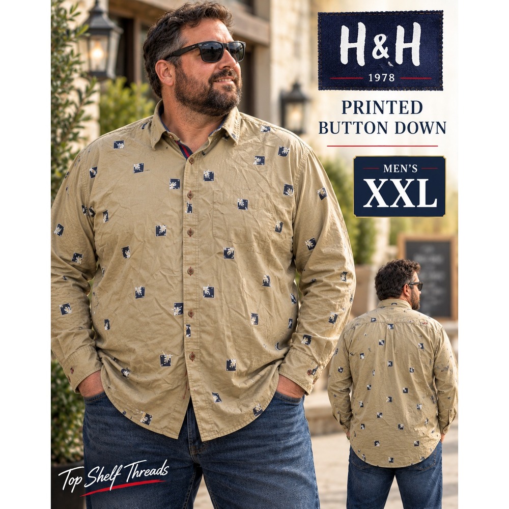 H&H Men XXL Brown AOP Novelty Graphic Long Sleeve Button Down Casual Shirt Party